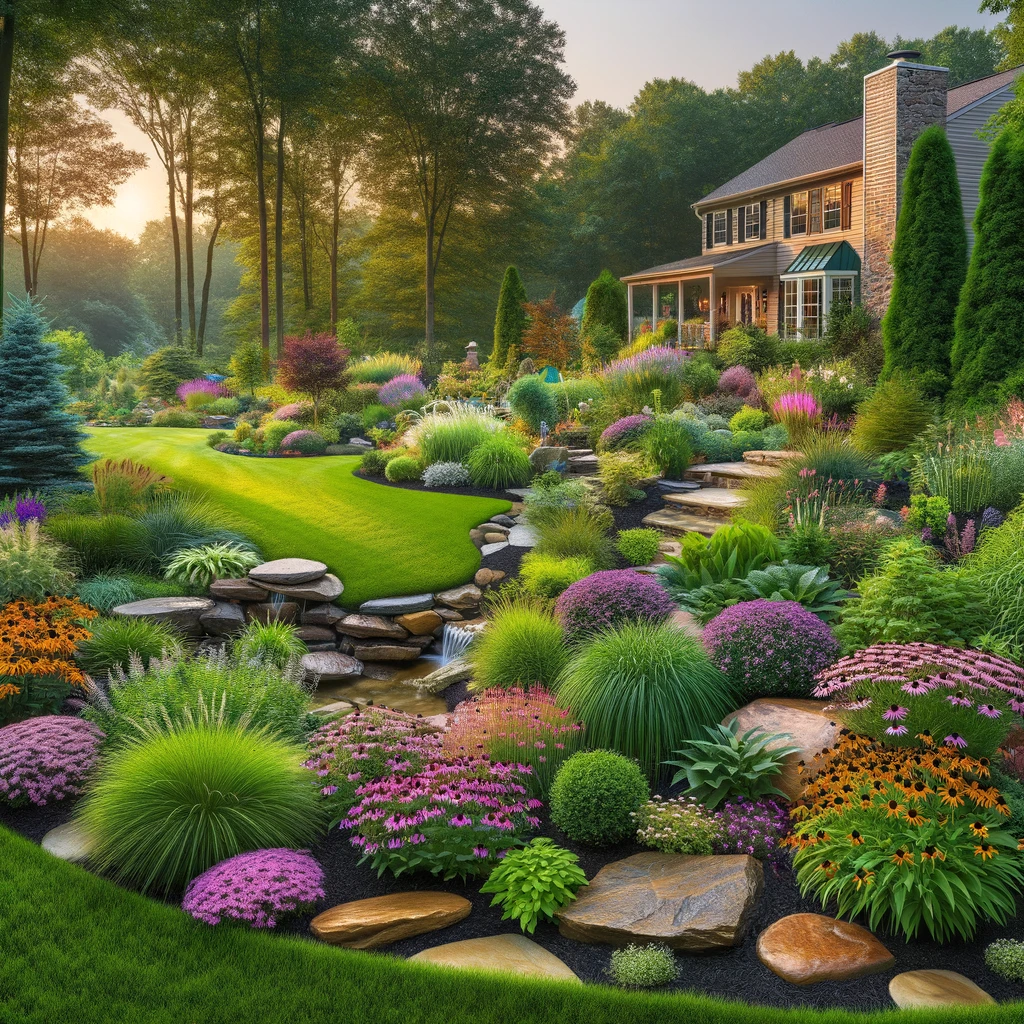 Sustainable and picturesque front yard landscaping in South Harrison Township, NJ, featuring native plants, a lush green lawn, rain garden, and Pennsylvania bluestone paths